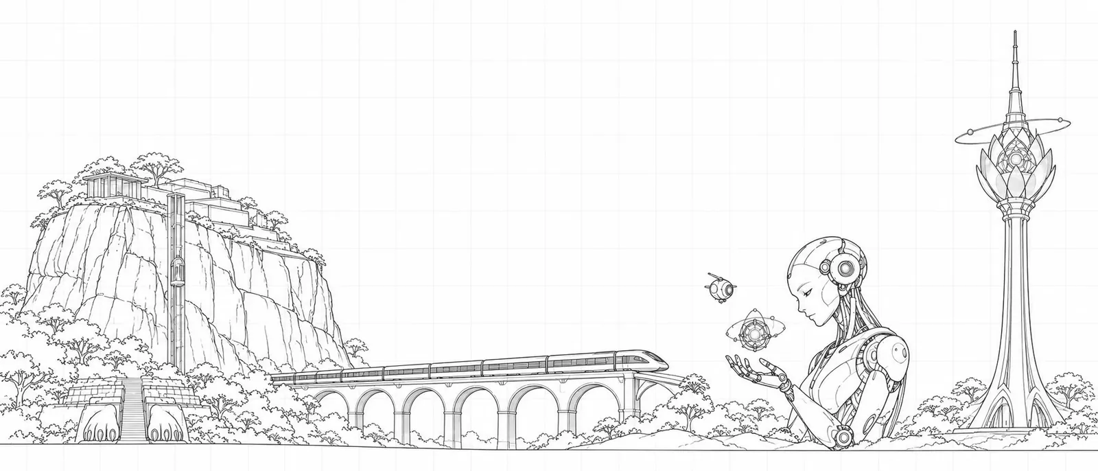 Line drawing: Sigiriya rock with a glass lift, a train on the Nine Arches bridge, a robot holding a glowing orb, and the Lotus Tower
